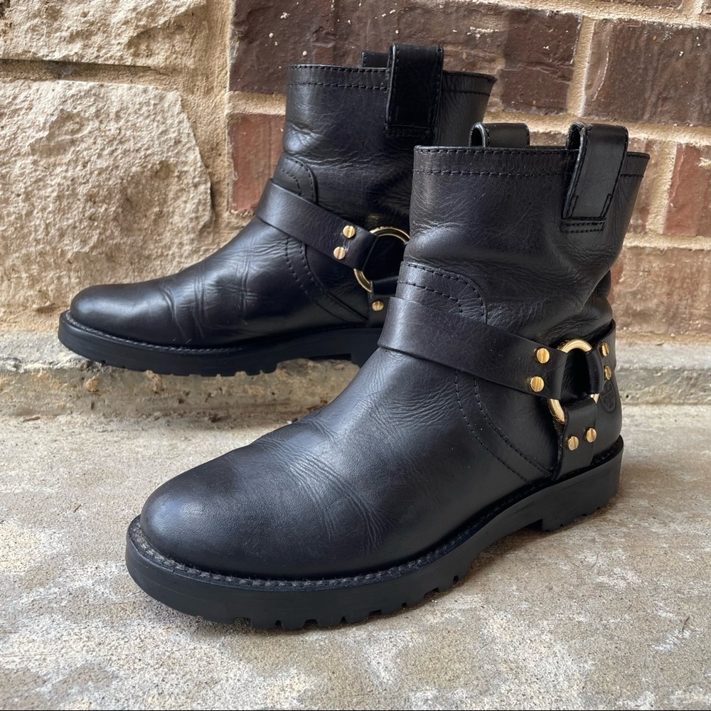 Rare Tory Burch Moto Boot Black Gold Leather Ronnie Biker Lug Sole Womens 7.5 - Picture 14 of 14